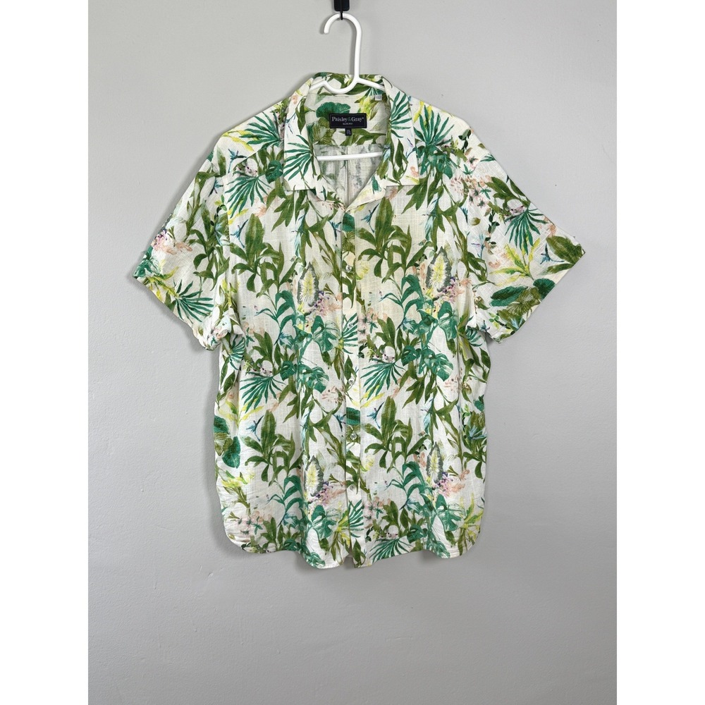 Paisley & Gray Button Up Shirt XXL Green Tropical Linen Blend Slim Fit Casual